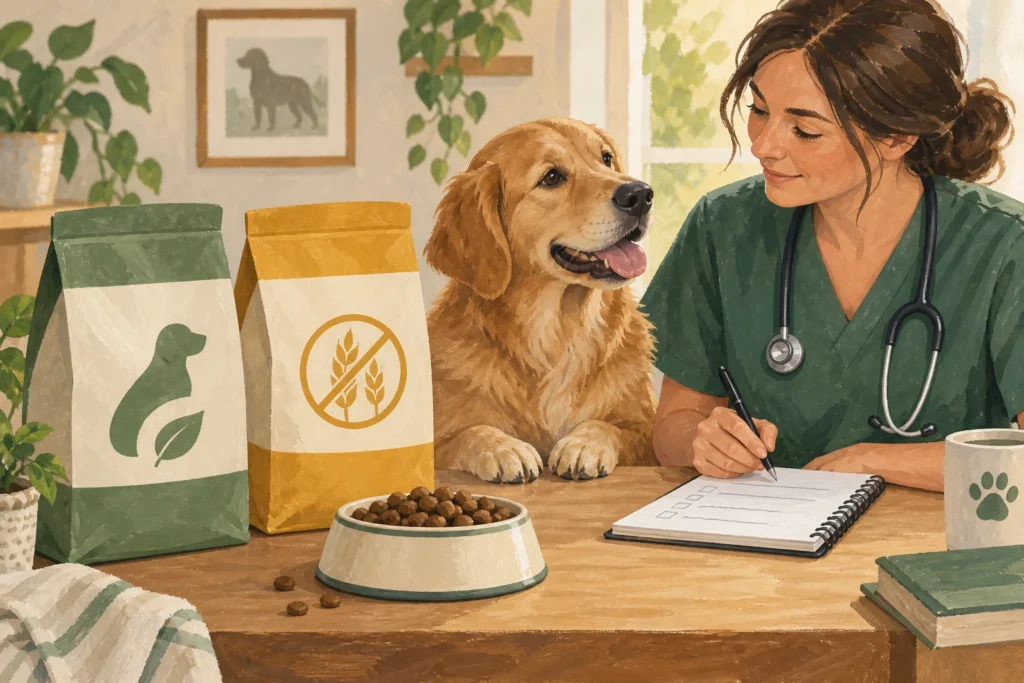 Illustration: Two plain dog-food bags with distinct simple colour blocks beside a vet consultation notebook and a bowl of kibble.