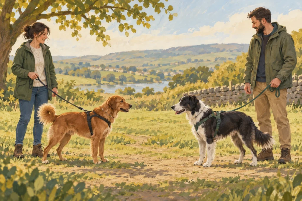 Illustration: Two calm adult dogs meeting at a comfortable distance on neutral open ground, each with an adult owner and loose body-harness lead.