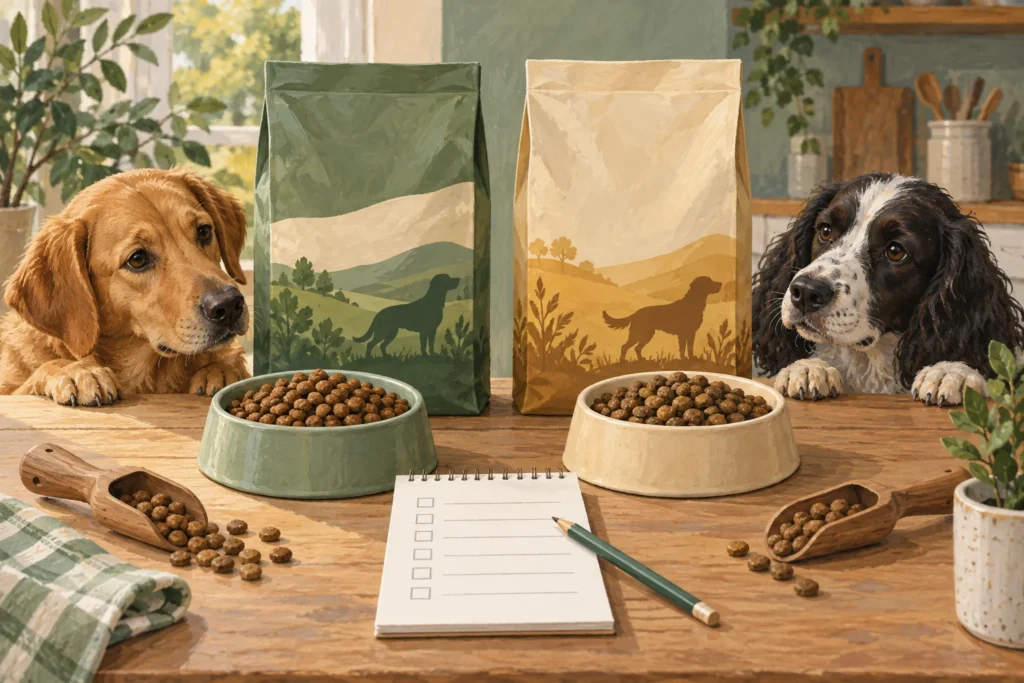 Illustration: A neutral tabletop comparison of two plain adult dry-dog-food bags, two measured bowls and a blank ingredient checklist.
