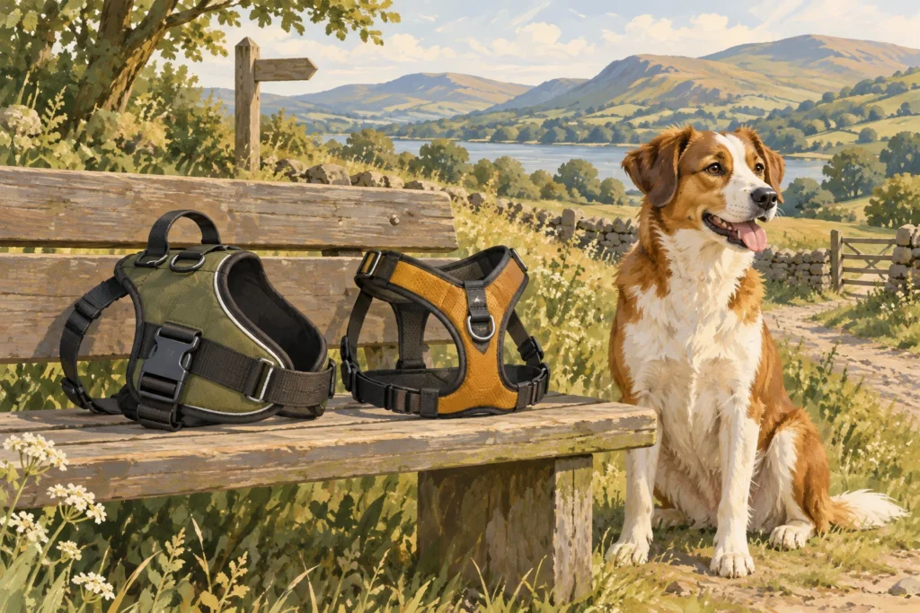 Illustration: Two generic unbranded dog harnesses on a countryside bench: one broad padded everyday walking style, one flexible Y-front trail harness.