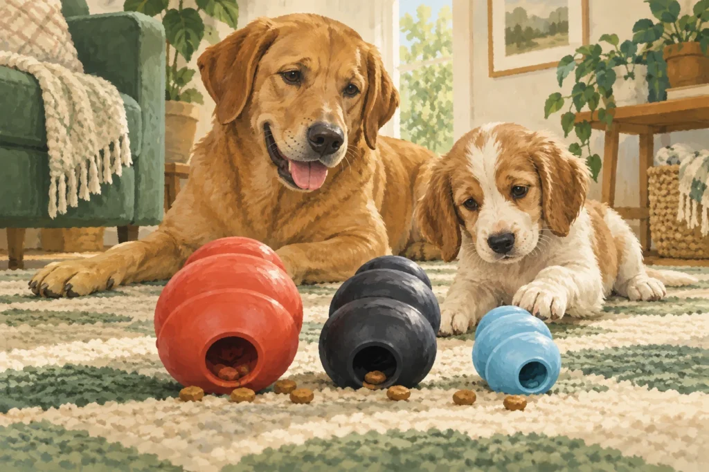 Illustration: Three clearly generic hollow rubber food-enrichment toys of different sizes and colours on a soft floor mat, with a relaxed dog and a puppy behind them.