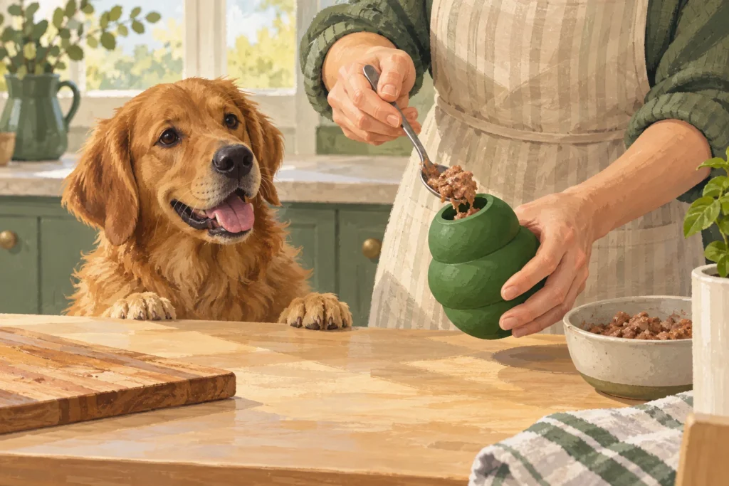 Illustration: A generic hollow rubber enrichment toy being filled with a small portion of the dog's usual wet food using a spoon on a clean countertop.