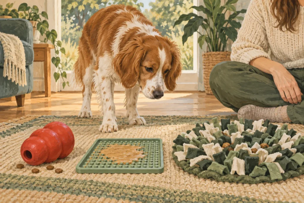 Illustration: Three enrichment options on a spacious floor mat: a generic hollow rubber food toy, a shallow lick mat and a broad fabric snuffle mat.