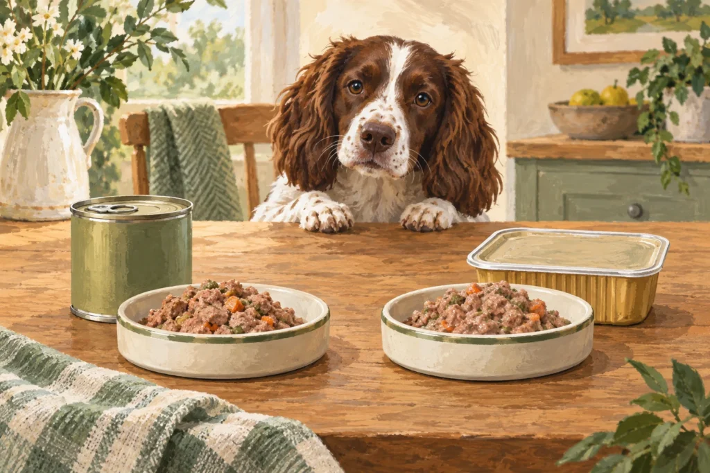 Illustration: Two unbranded wet-dog-food pack formats, a small tin and rectangular tray, each beside a modest food portion on matching dishes.