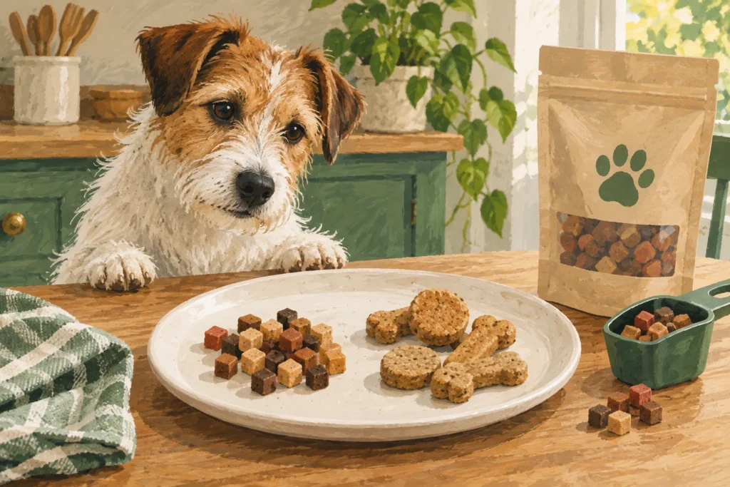 Illustration: Small soft dog-training reward pieces arranged next to a few larger treats on a clean plate, with a portion scoop and plain treat pouch nearby.