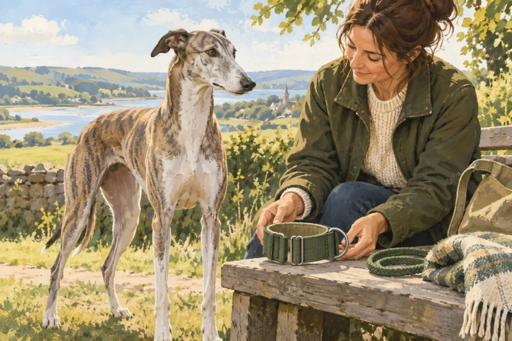 Illustration: A slim greyhound standing calmly beside its owner, with a generic wide martingale-style collar shown loosely on a bench rather than tightened on the neck.