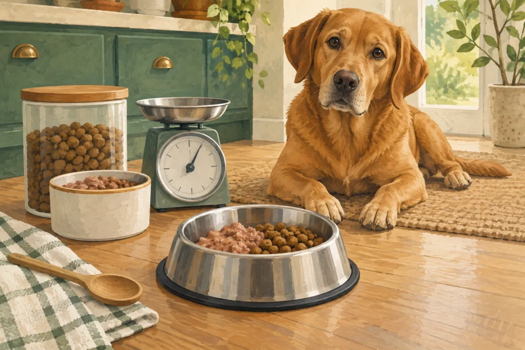 Illustration: A measured small portion of wet dog food and kibble combined in one stainless bowl, with a kitchen scale and two plain food containers nearby.