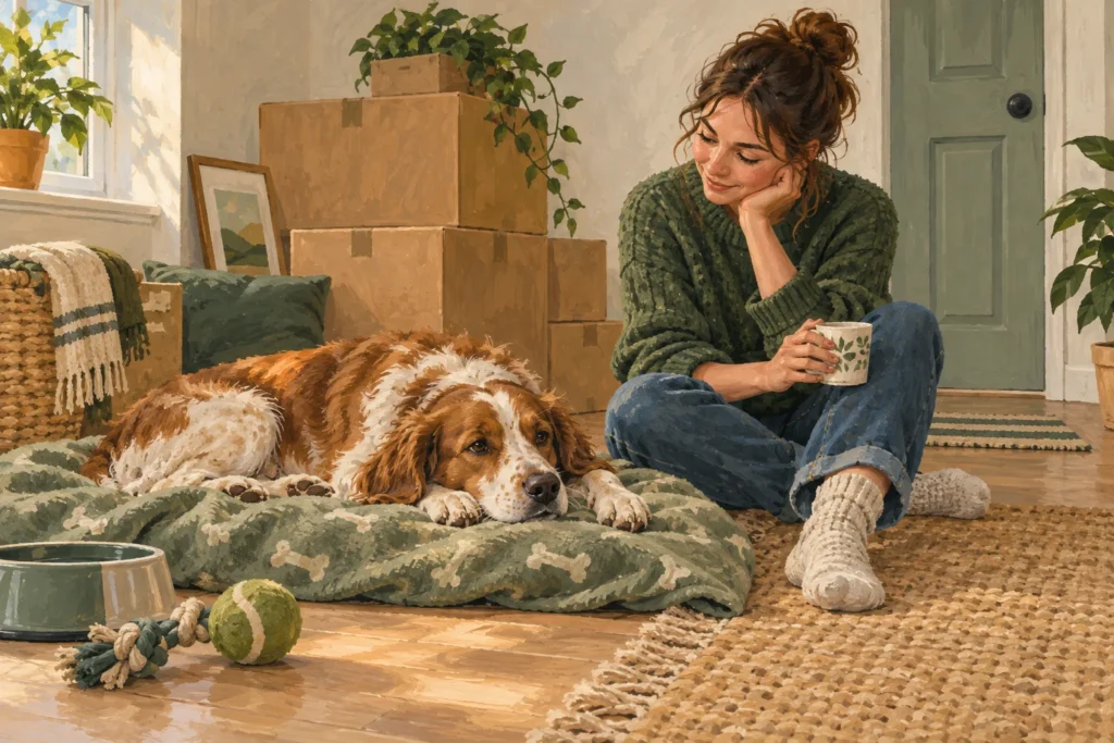 Illustration: A relaxed dog on its familiar blanket in a quiet corner of a new home, with closed moving boxes safely stacked against a wall and an adult sitting nearby.