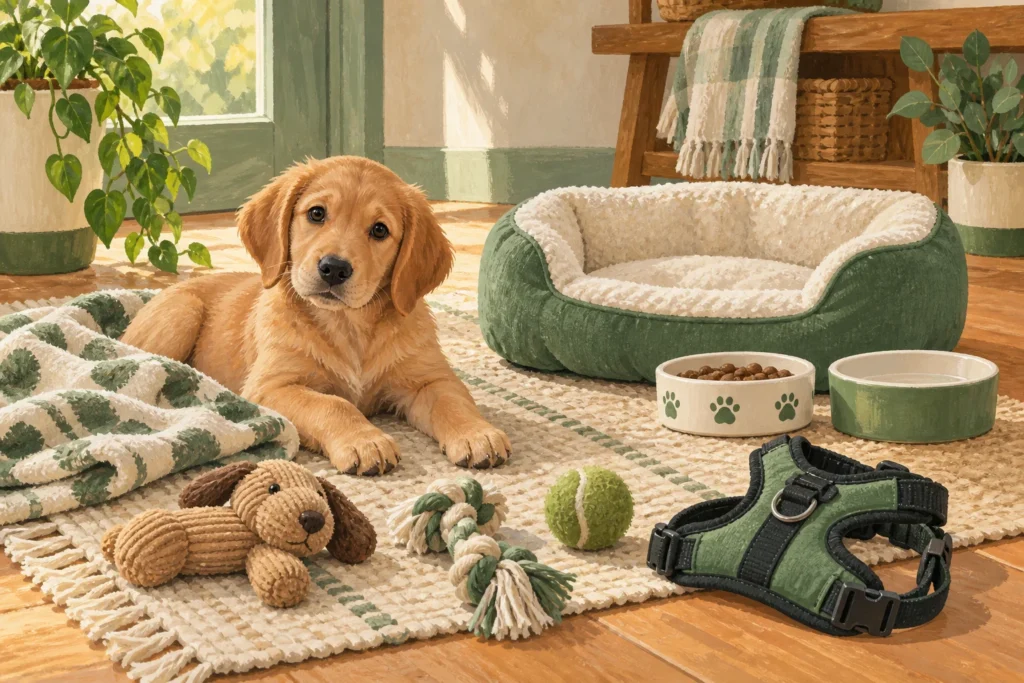 Illustration: A tidy new-puppy essentials arrangement: a properly sized bed, two bowls, a comfortable body harness, a few simple toys and a blanket, with a puppy resting nearby.