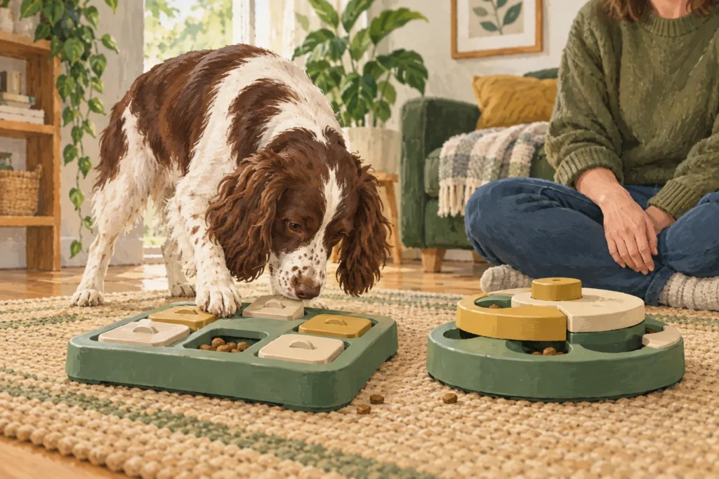 Illustration: Two generic beginner food-puzzle toys on a mat: one with sliding square lids, another with broad rotating layers.