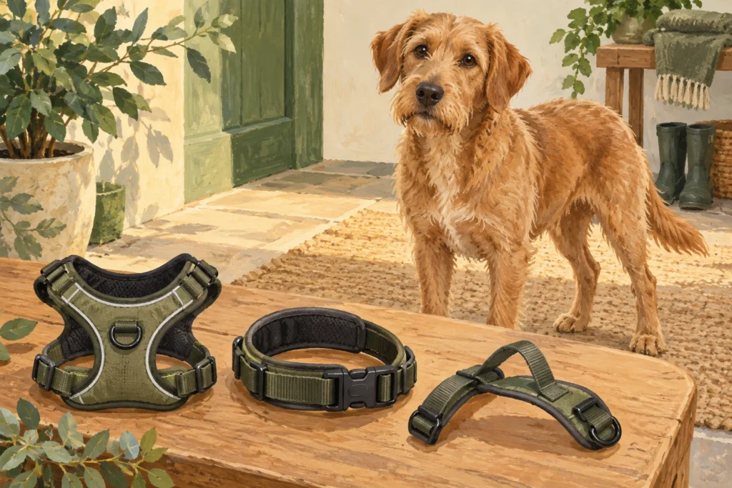 Illustration: Three separate generic padded harness components arranged on a clean surface to explain modular sizing, with a calm dog standing nearby for scale.