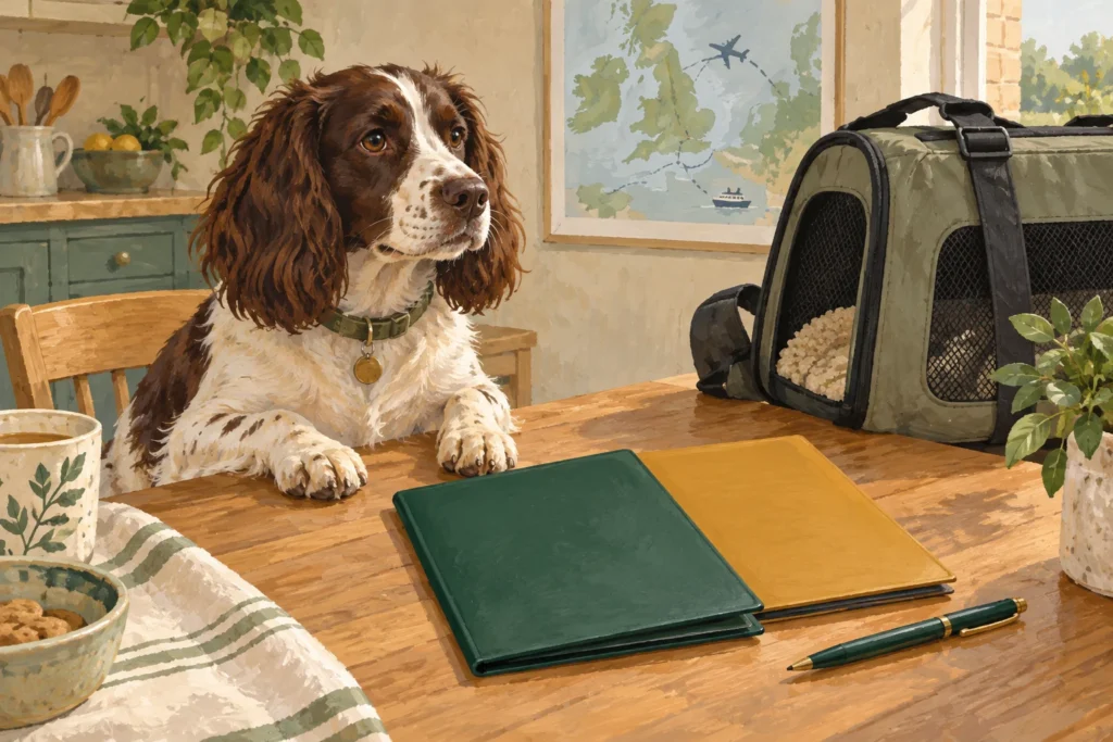 Illustration: A calm travelling dog beside two plain closed document folders, a pen and a carrier bag on a kitchen table.