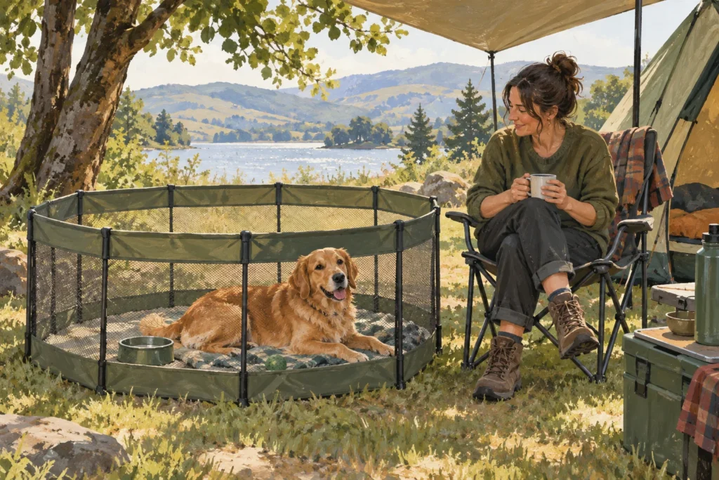 Illustration: A dog resting inside a roomy low portable exercise pen beside its adult owner at a quiet campsite, with shade and fresh water.