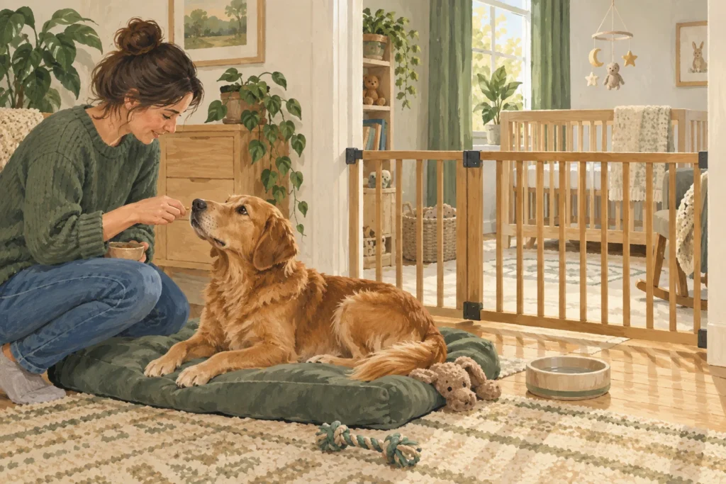 Illustration: An expectant household setup with an empty baby cot safely separated by a sturdy gate from a dog's comfortable resting mat, and an adult rewarding the settled dog.