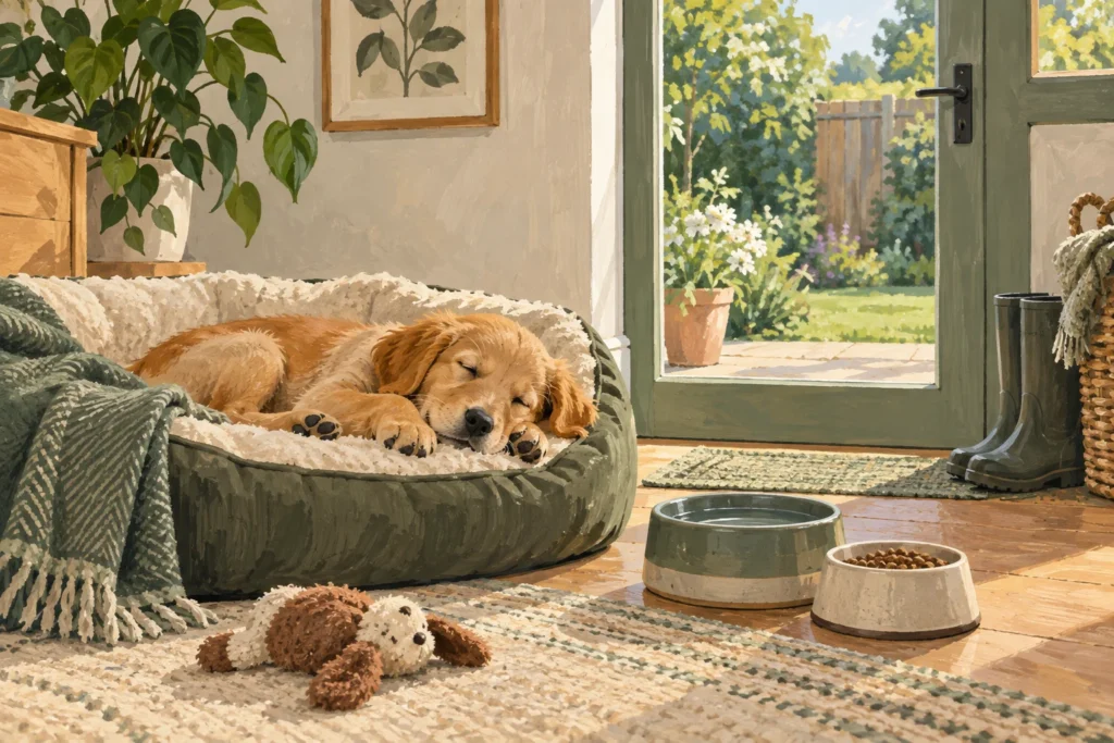 Illustration: A calm puppy's daily-life still-life: a bed, water bowl, a small food portion, one simple toy and a garden door, with the puppy napping.