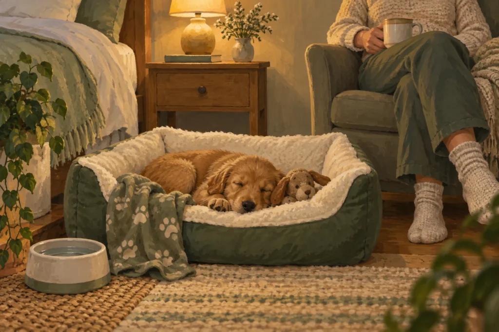 Illustration: A sleepy puppy nestled in a roomy open bed beside an adult's bedside chair in a dim warm room.