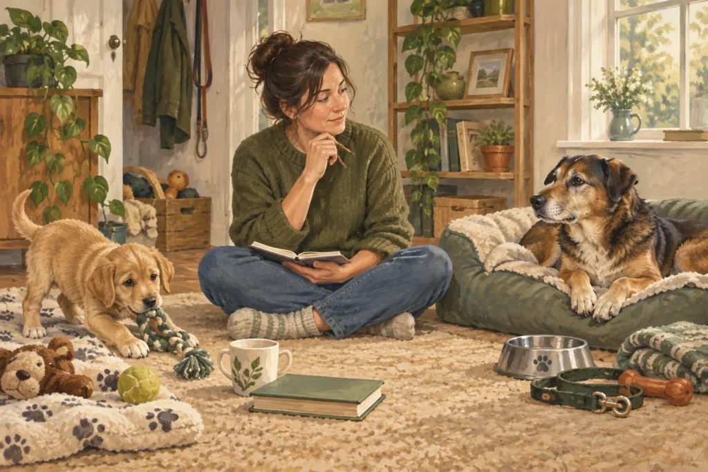 Illustration: A thoughtful adult owner seated with a puppy on one side of the room and a calm adult mixed-breed dog on a separate bed on the other.