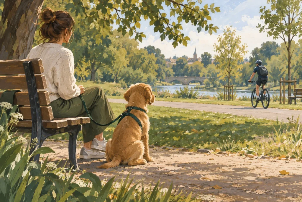 Illustration: A puppy calmly observing a distant cyclist from a comfortable park bench area beside its adult owner.