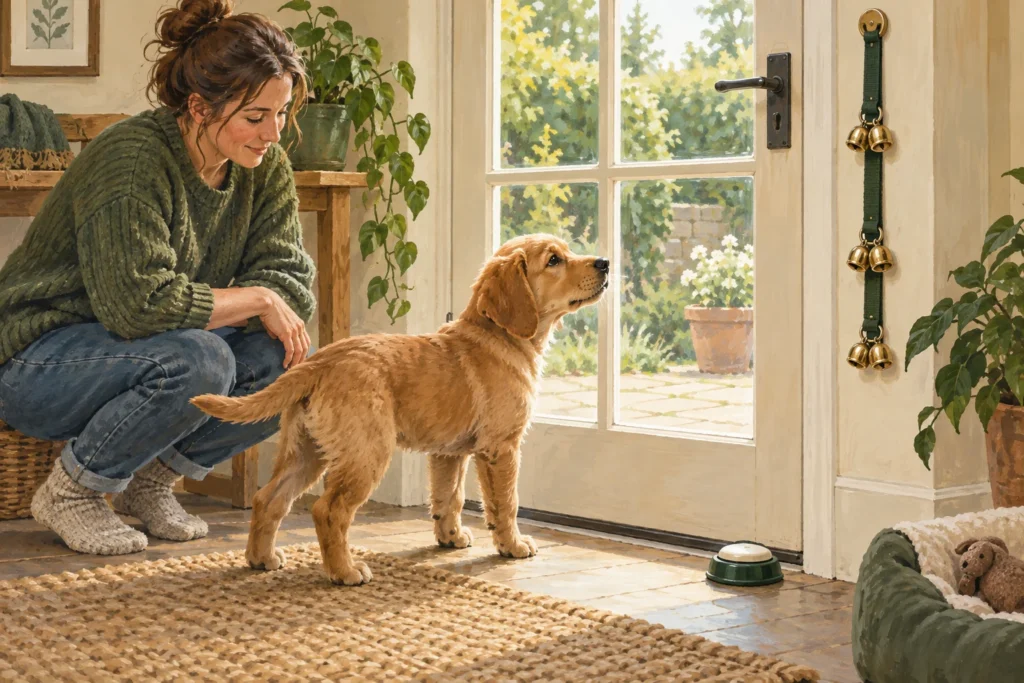 Illustration: A puppy calmly standing near a closed garden door with a simple floor-mounted button bell nearby and hanging toilet bells fixed safely out of chewing reach.