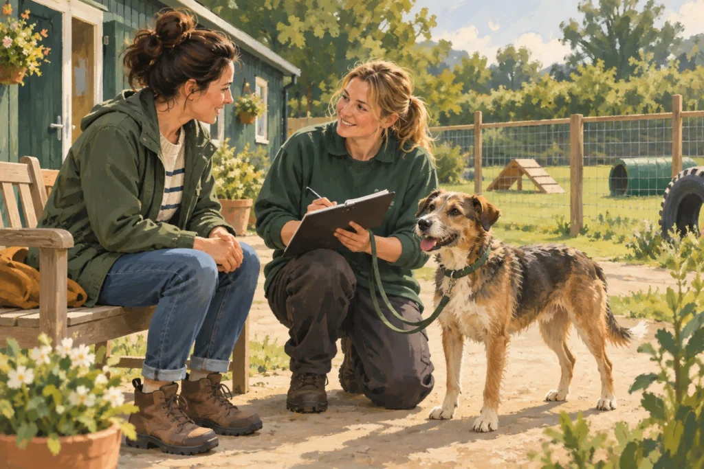 Illustration: An adult visitor and a friendly rescue-centre worker discussing a blank notebook beside a quiet exercise area, with a calm mixed-breed dog on a loose lead.