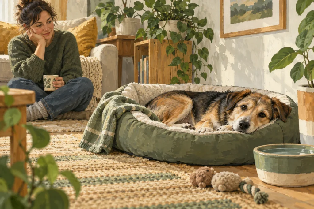 Illustration: An adult rescue-type mixed-breed dog resting in a quiet new-home corner with its own bed and water bowl while an owner sits calmly at a respectful distance.