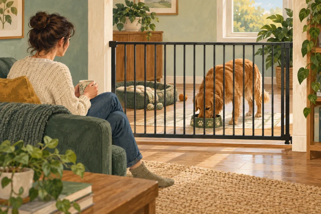 Illustration: A dog eating quietly in a spacious room behind a sturdy safety gate while an adult remains at a respectful distance outside.