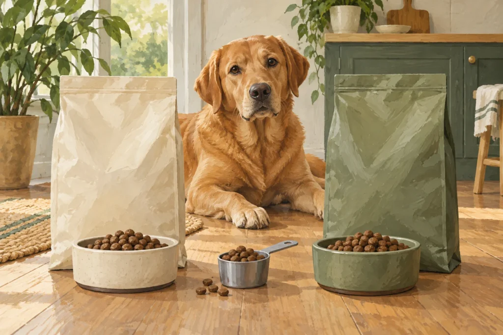 Illustration: Two plain unbranded adult dry-dog-food bags with distinct neutral colours beside a measuring scoop and modest bowls, a calm adult dog behind.