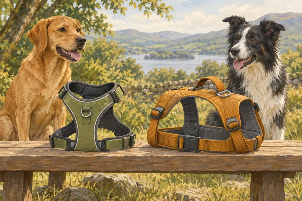 Illustration: Two generic walking harnesses displayed side by side on a wooden bench: a simpler everyday Y-front harness and a longer body harness with an extra waist strap and top handle.