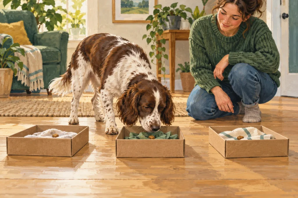 Illustration: A dog calmly sniffing between three open shallow cardboard boxes on a clear indoor floor while an adult supervises.
