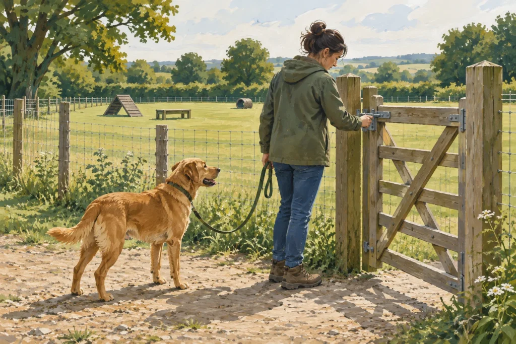Illustration: An adult checking the latch of a sturdy closed gate to a spacious fenced dog exercise field while their calm dog waits on a loose lead.