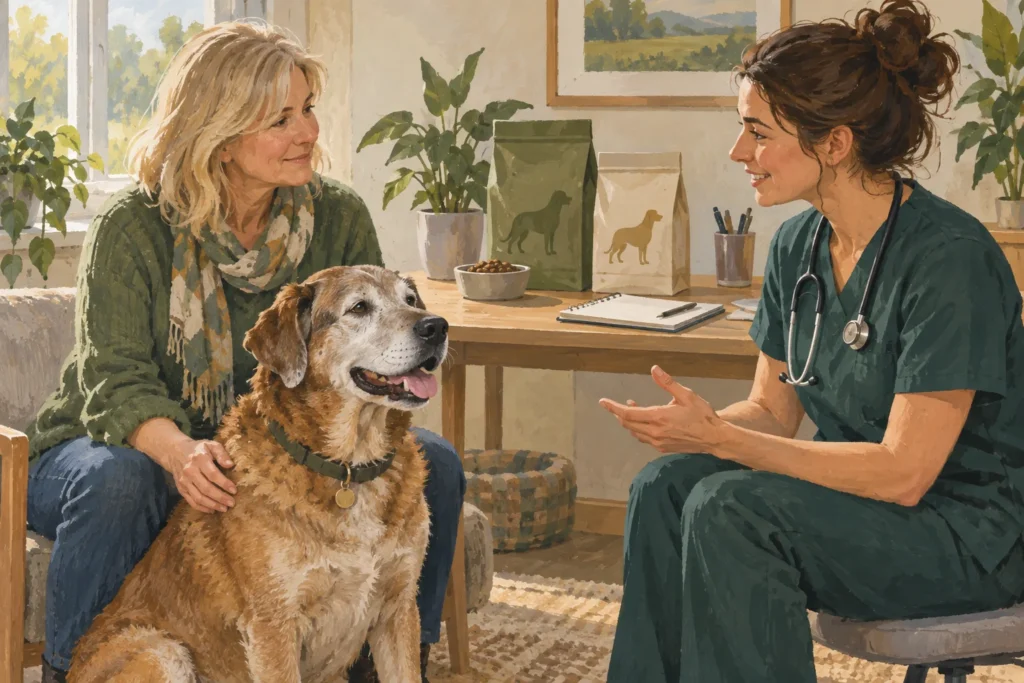 Illustration: An older dog with a grey muzzle sitting comfortably beside its owner during a calm veterinary nutrition discussion, with plain food packs and a blank notebook on a distant desk.