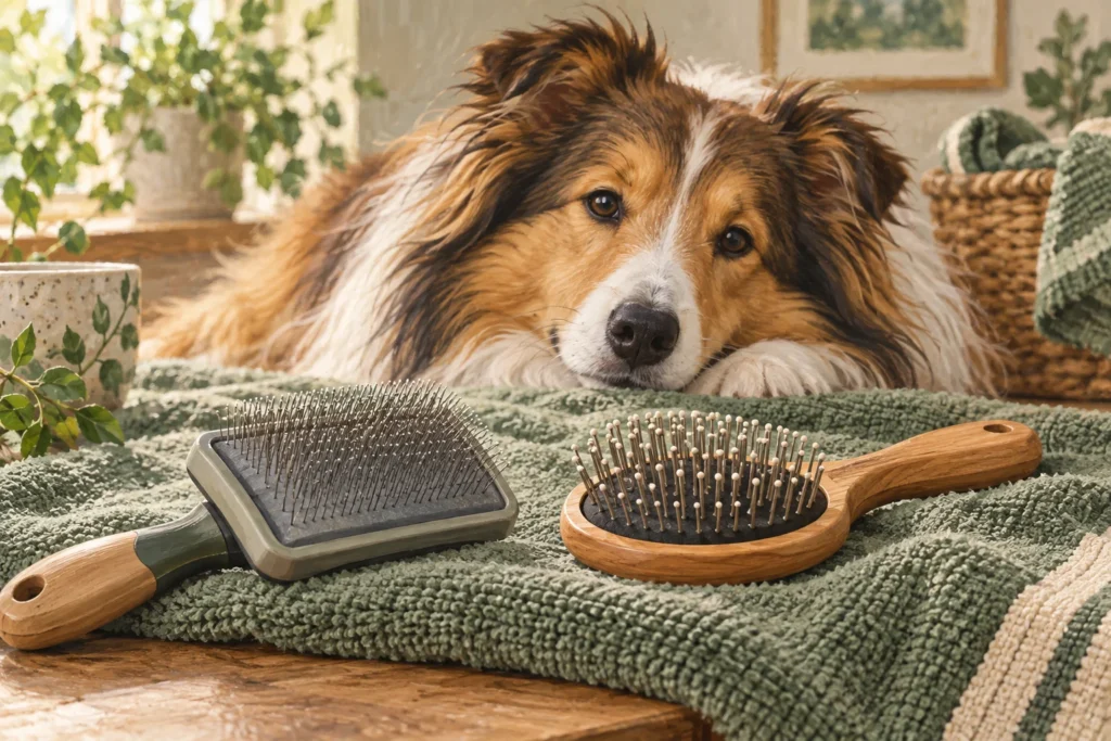 Illustration: A close editorial still-life of a generic fine-wire slicker brush and a rounded pin brush on a grooming towel, with a relaxed long-haired dog softly behind.