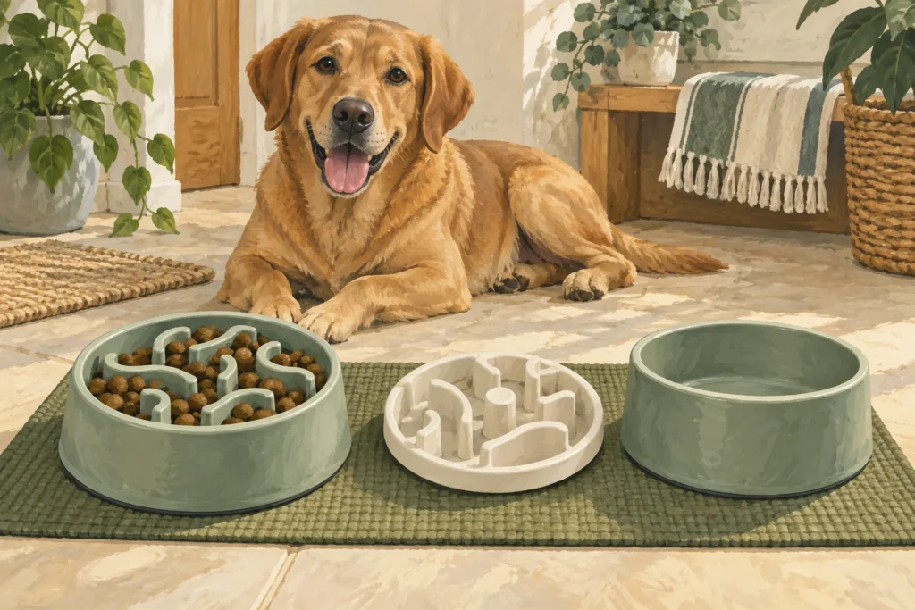 Illustration: A generic slow-feeder bowl with broad maze channels beside a removable rounded insert and a plain compatible bowl.