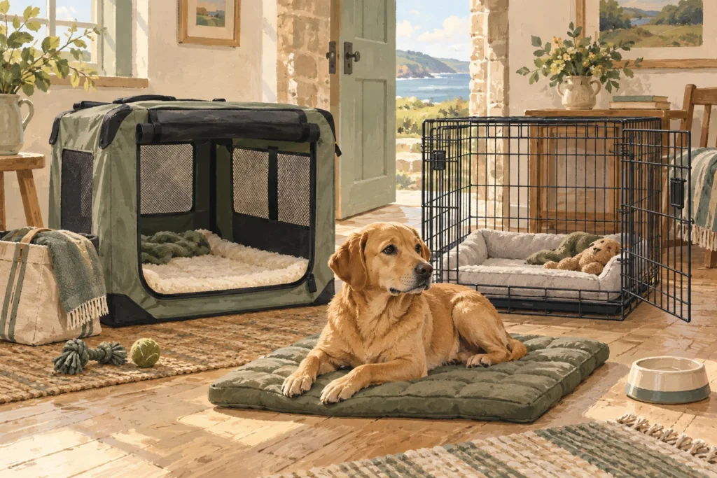 Illustration: An open soft-sided travel crate and an open wire crate displayed in a holiday-cottage room with a calm dog on its own mat nearby.