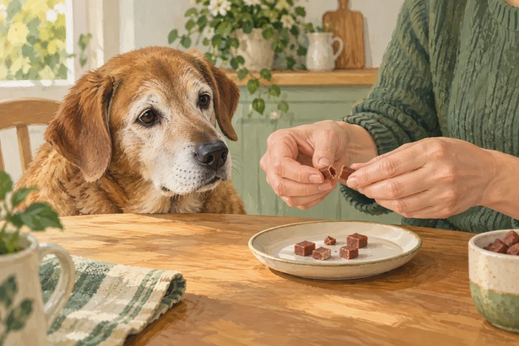 Illustration: An older dog with a gently grey muzzle watching an adult break one small soft training treat into smaller pieces above a plate.