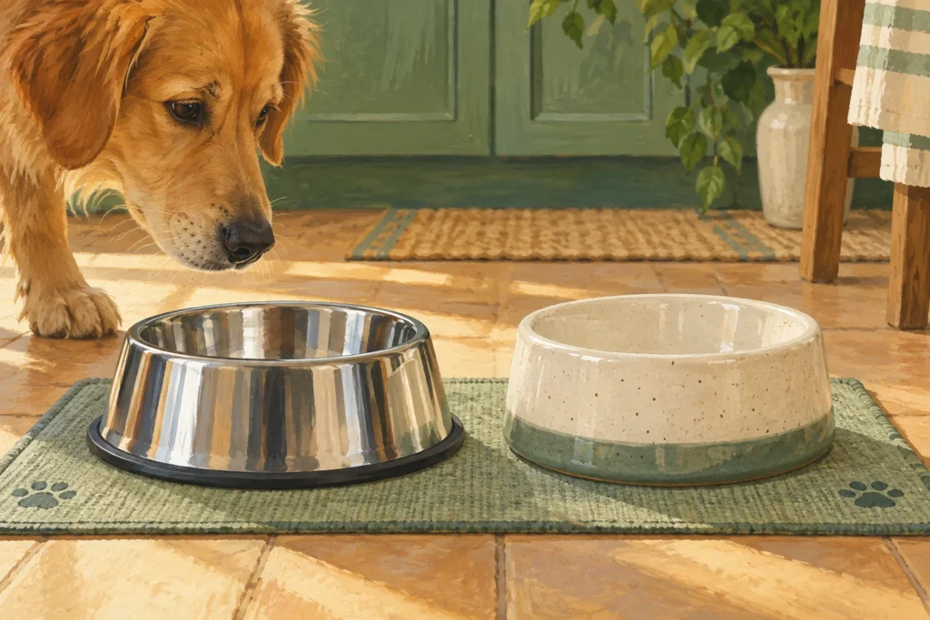 Illustration: Side-by-side stainless-steel and ceramic dog bowls on a kitchen feeding mat, both clean and unbranded, with a dog's nose visible at a respectful distance.