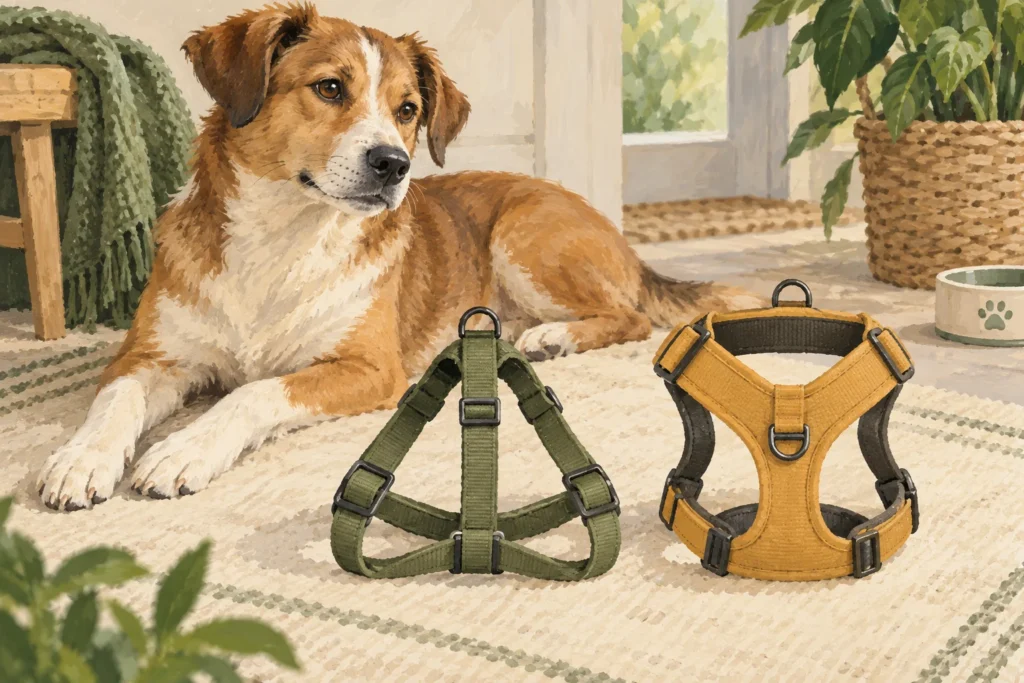 Illustration: Two generic dog harness shapes laid side by side on a light surface: a simple step-in design and a Y-front over-head design.