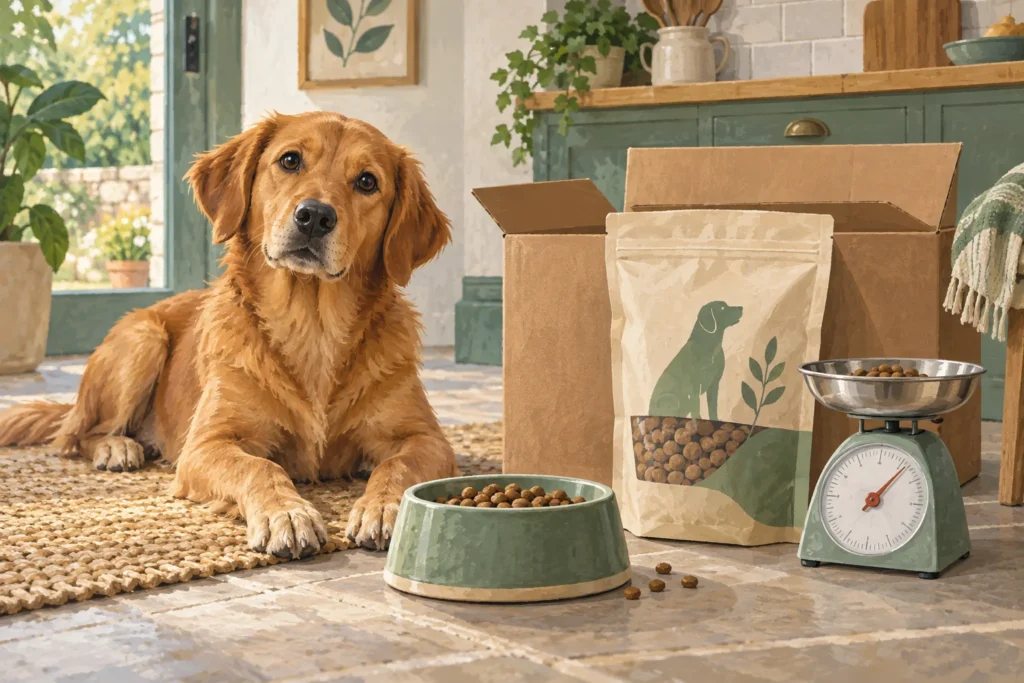Illustration: A plain dry-dog-food delivery box, resealable unbranded kibble bag and kitchen scales beside a dog's feeding area.