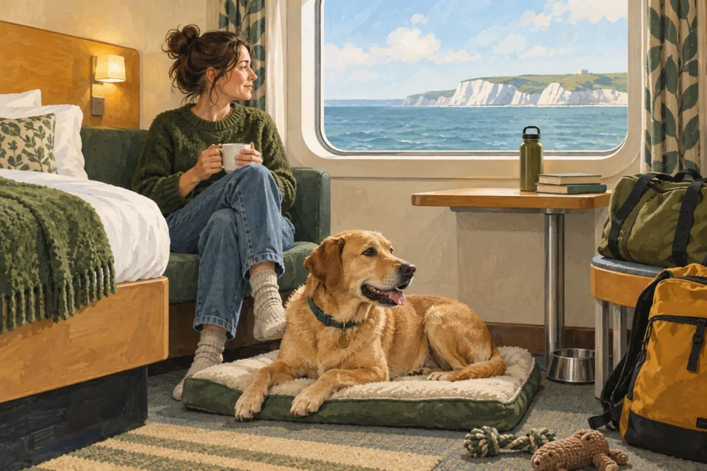 Illustration: A calm dog on a travel mat beside its owner in a simple pet-friendly ferry cabin, with luggage stored neatly and a sea view through a closed window.