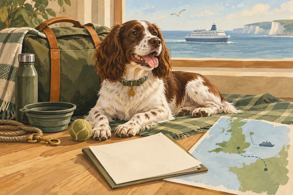Illustration: A relaxed dog beside its owner's packed travel bag, a blank document folder and a simple map outline suggesting a journey from Britain to France.
