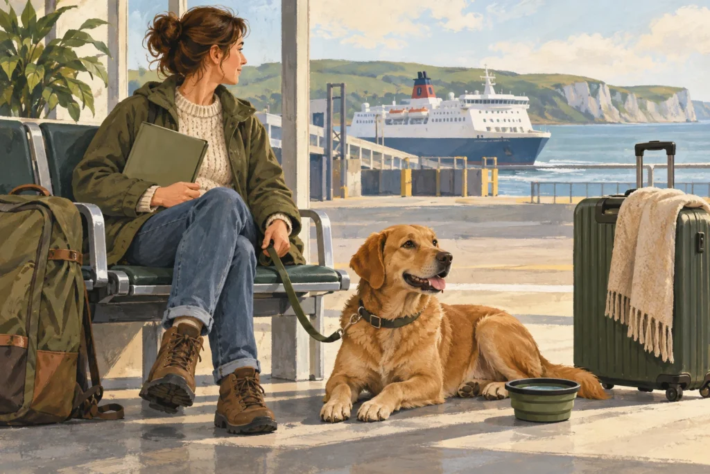 Illustration: A relaxed dog beside its owner at a quiet travel terminal, with a simple blank document folder, travel water bowl and luggage.