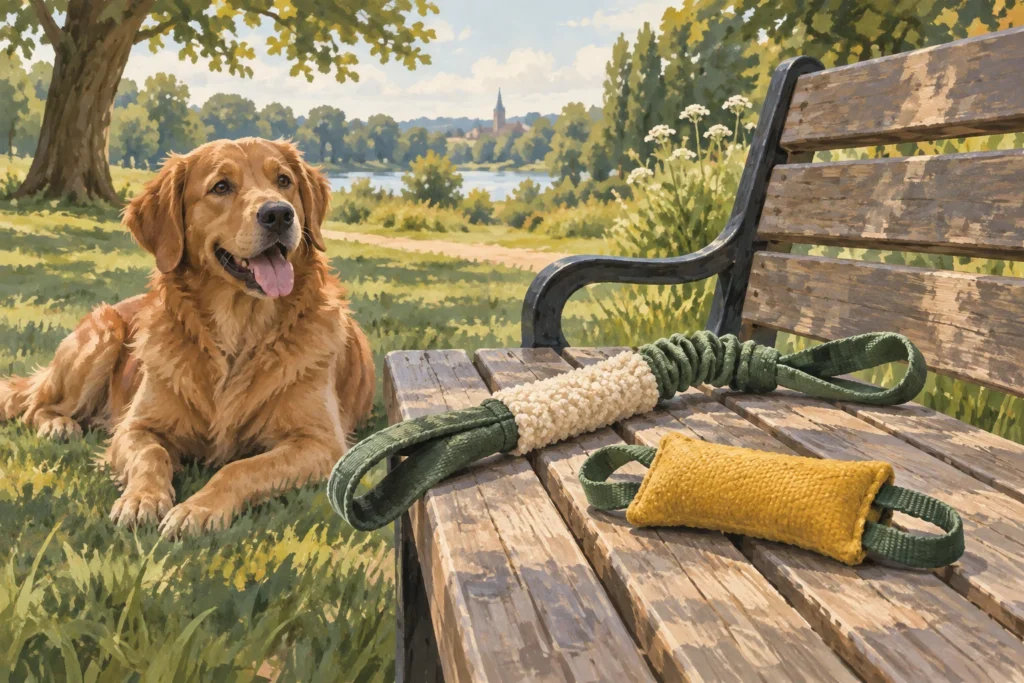 Illustration: Two generic soft dog training reward toys on a park bench: a long flexible chaser tug and a compact pocket-sized tug, with a relaxed dog nearby.