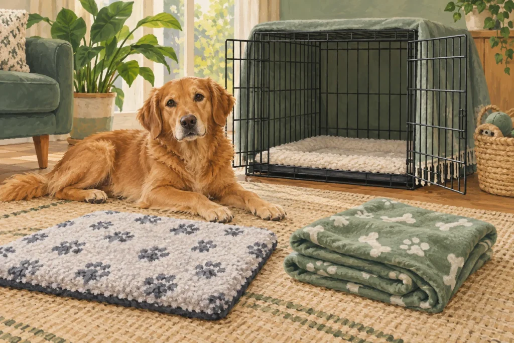 Illustration: A practical comparison of a simple veterinary-style washable fleece pad and a folded fleece blanket beside a roomy open home crate.