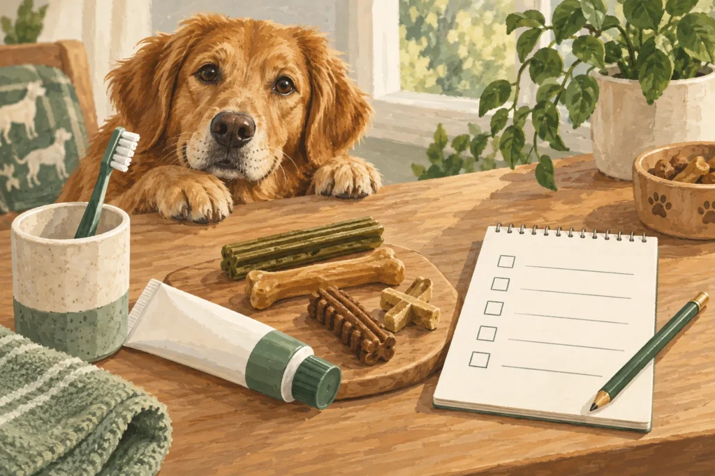 Illustration: A neutral dog dental-care still-life: toothbrush, plain pet toothpaste tube and several generic dental-chew shapes beside a blank checklist.