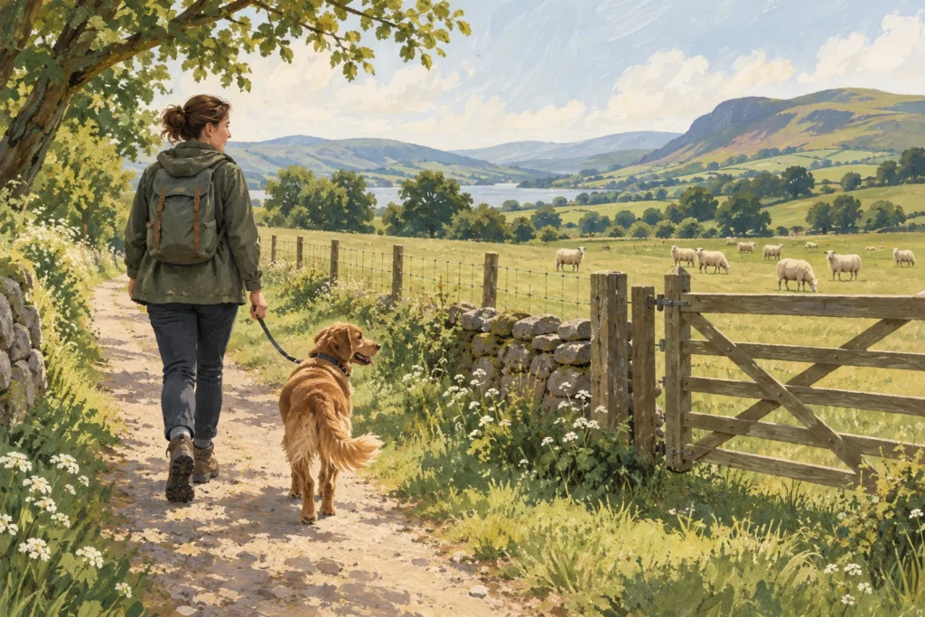 Illustration: An adult walking a calm dog on a short loose lead along a public countryside path well separated by a sound fence from distant sheep.
