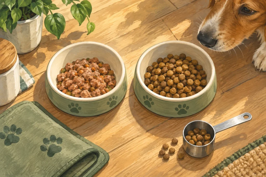 Illustration comparing a bowl of wet dog food with a bowl of dry kibble.