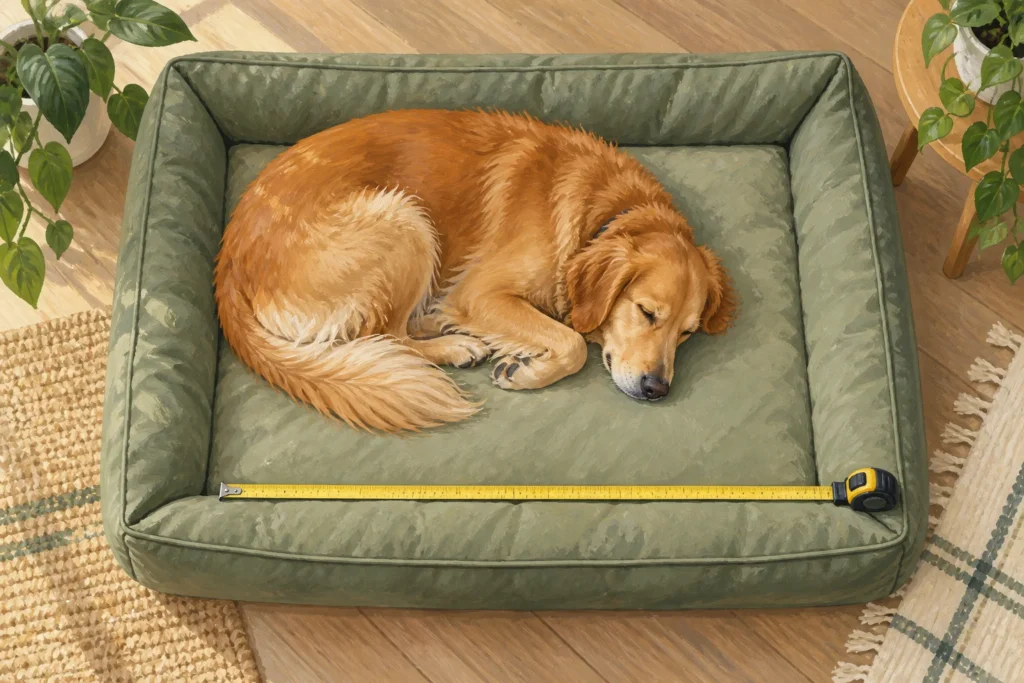 Illustration of a dog curled on a bed with a tape measure across the usable sleeping area.