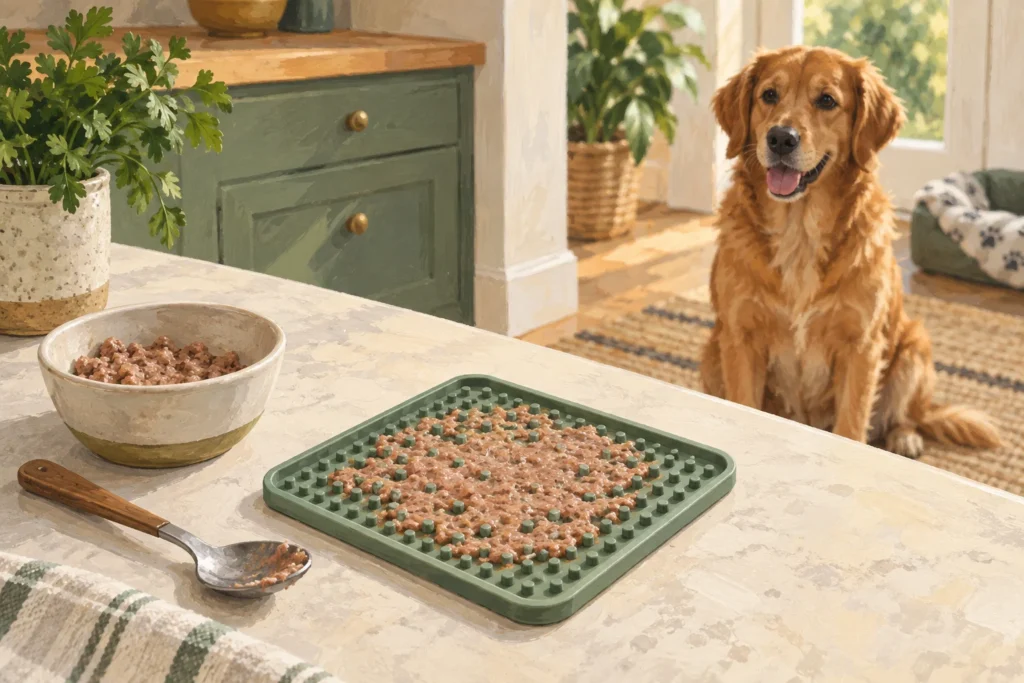 Illustration of a lick mat spread with a small portion of ordinary wet dog food.
