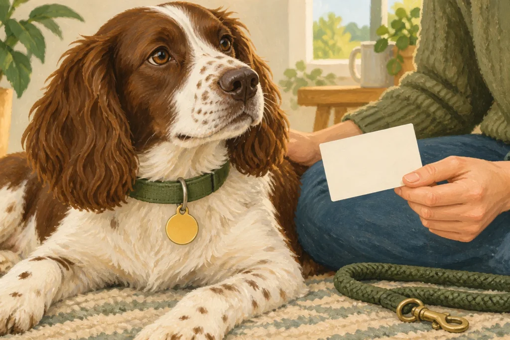 Illustration: Close-up of a comfortable dog collar with a simple round metal ID tag, resting beside an owner holding a blank address card.