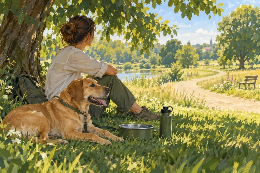 Illustration: An owner and dog resting in deep shade beside fresh water on a bright warm day, with a sunlit park path visible beyond.